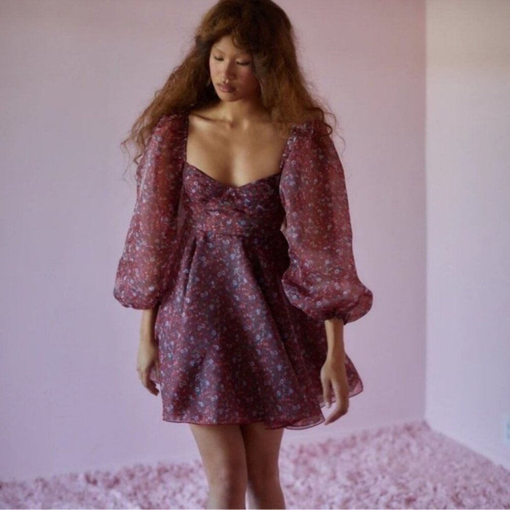 Selkie Christmas Princess Red Floral Dress with Puff Sleeves